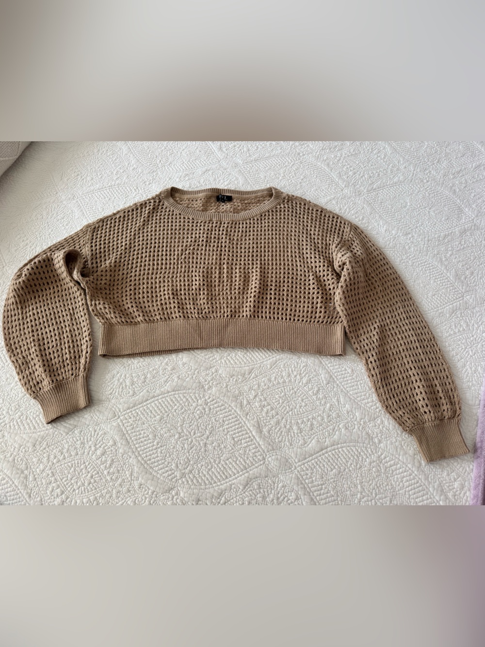 Cropped Open-Knit Crewneck Sweater in Taupe